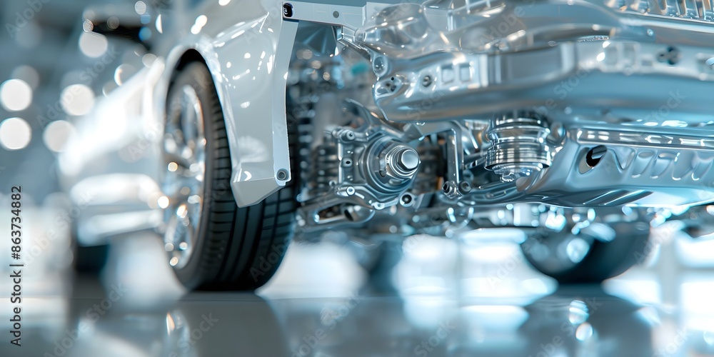Poster exploring the intricate internal mechanics and engineering of a car through 3d rendering. concept au