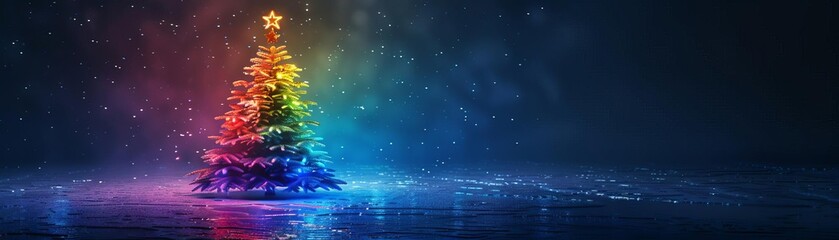 3d render of colorful rainbow Christmas tree on black background,