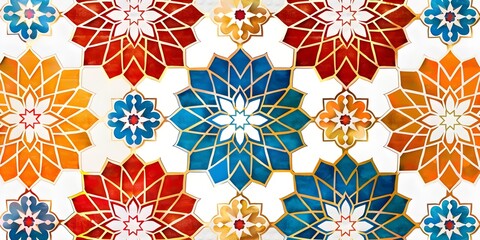 Seamless pattern with Geometric flowers, floral, stain glass style, red blue white, wallpaper, background, HD