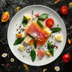 Tuna Fillet, Parmesan Cheese and Tomato Water Jelly Top View, Molecular Dish, Fish on Restaurant Plate