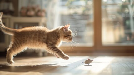 A cat chasing a toy mouse, body extended in a leap on the wooden floor.