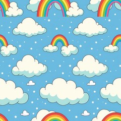 Seamless pattern with cartoon clouds, rainbows and stars on blue background. Whimsical design for children's fabric, wallpaper, or apparel.