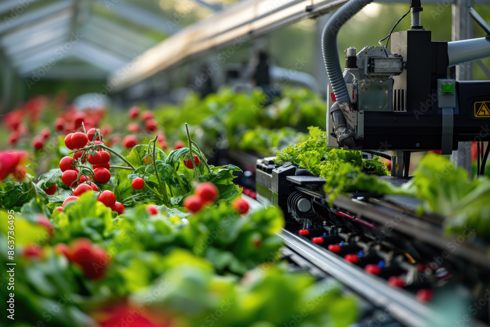 Poster automated greenhouse farming with advanced robotics. close-up of robotic technology harvesting ripe 
