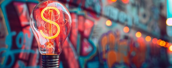 Naklejka premium Illuminated light bulb with glowing dollar filament representing financial innovation and investment against blurred graffiti backdrop.