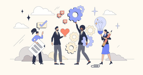 Team dynamics for business project agility tiny person neubrutalism concept. Employee group work with innovative and creative solutions vector illustration. Corporate leader with strong team control.