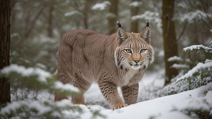 a lynx walking through a snowy forest,