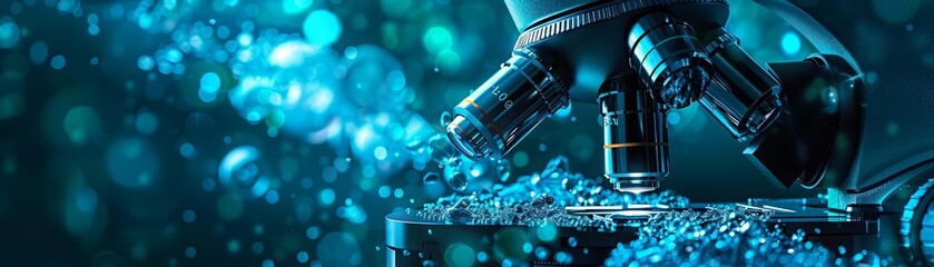 Digital microscope with augmented reality enhancements, medical technology, blue and green tones, digital painting