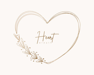 Hand drawn gold floral heart wreath and leaves. Flower branch botanical frame for monogram, wedding logo, invitation, postcard, and more. Vintage ornament illustration isolated on white background.	
