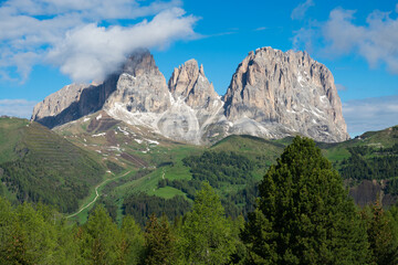 View of Sassolungo - Langkofel mountain group - epic rugged mountains of Dolomites UNESCO world heritage site, in South Tyrol, Italy