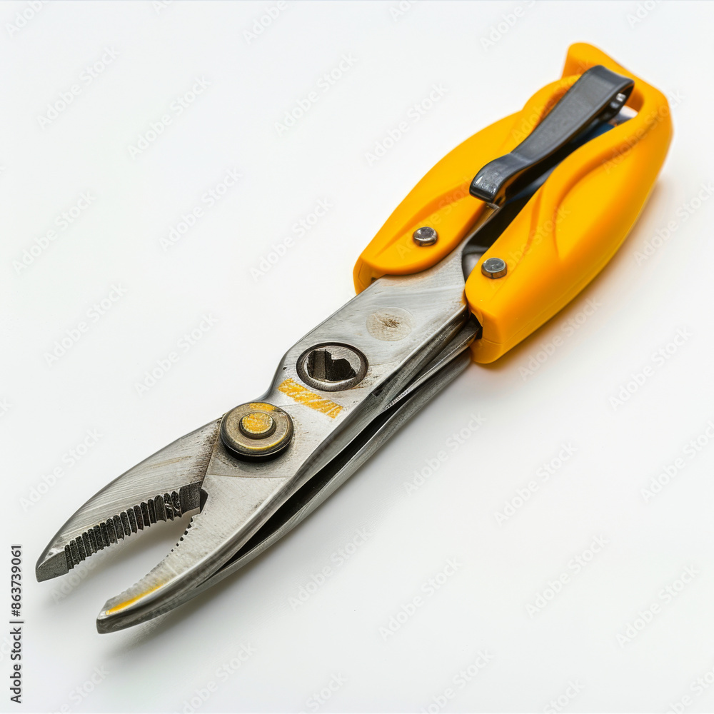 Poster a close-up of a yellow multipurpose cutting tool with a sharp blade and ergonomic handle, isolated o