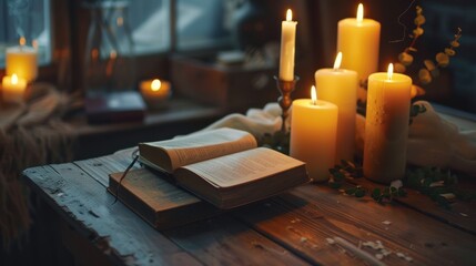 An open book sitting on top of a wooden table