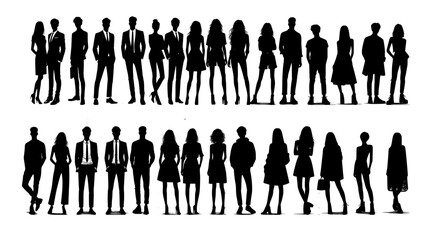 Vector silhouettes of men and a women, a group of standing business people, black color isolated on white background