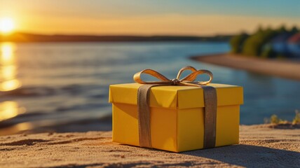 Naklejka premium gift box on yellow background. Daylight saving time end, real estate concept and blurred landscape of river beach Blue sky with sunset 
