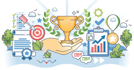 Work achievements with successful accomplishments outline hands concept. Business success with precise work accuracy vector illustration. Motivation, determination and leadership for best results.