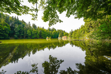 View of the Berglsteiner Lake with the surrounding green nature. Idyllic mountain lake in the Alpbachtal in Tyrol near Kufstein. Landscape in Austria.
