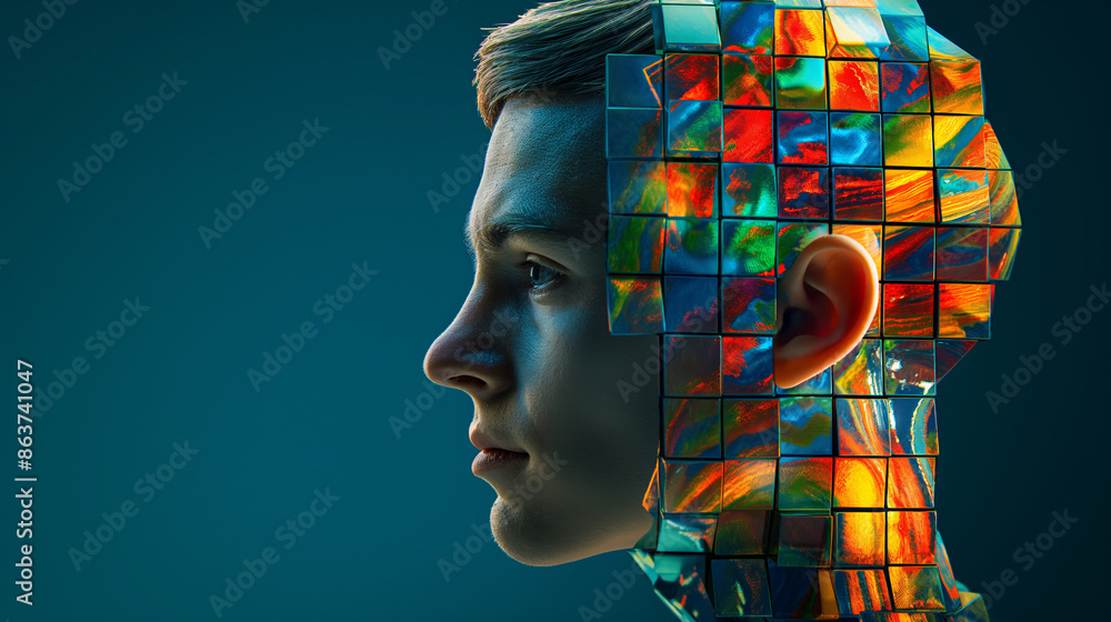 Aufkleber a man's face is shown in a collage of colorful blocks. concept of creativity and imagination, as the