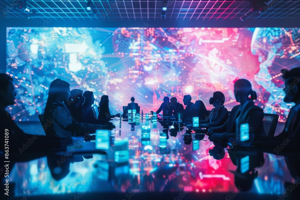 Aufkleber the silhouettes of a team gathered around a table in a modern control room, focused on the large scr