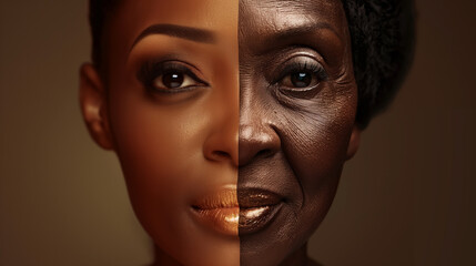 Two women's faces, one is young and the other is old. The young woman has a gold lip color and the old woman has a gold lip color as well