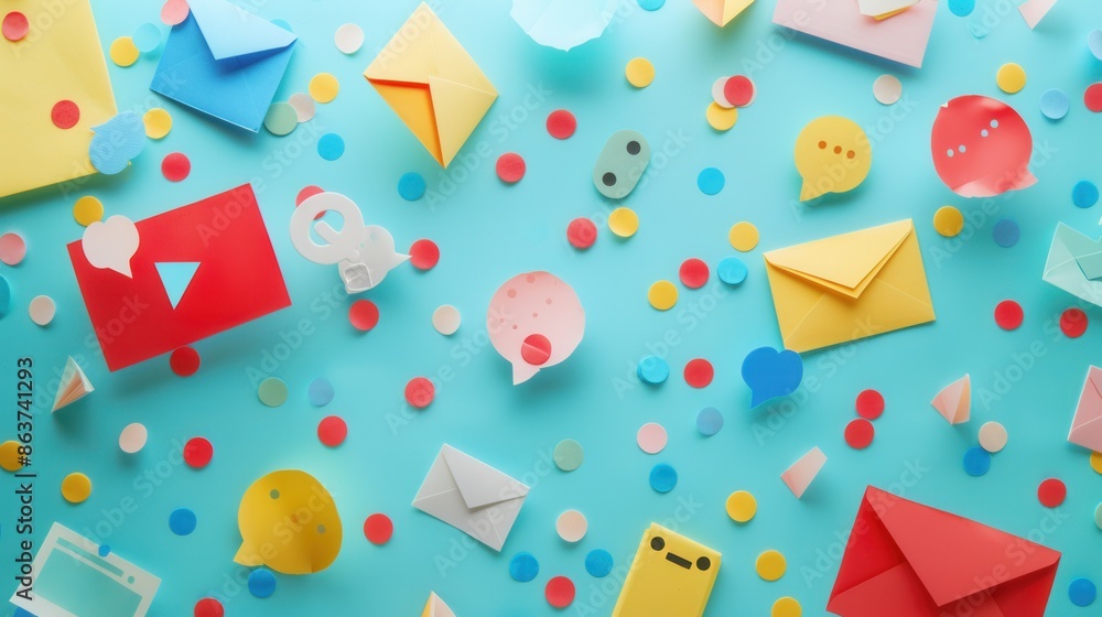 Aufkleber a blue background scattered with colorful paper cutouts representing social media ads and announceme