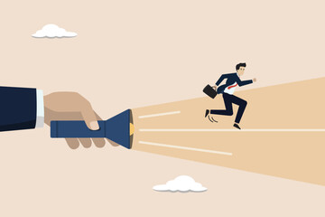 Business direction guidance, career path to business success, boss support, finding the way concept, businessman running forward on flashlight beam.