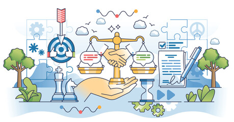 Obraz premium Negotiation skills for business deal and agreements outline hands concept. Strategy and plan for work contract vector illustration. Communication management, cooperation and work partnership.