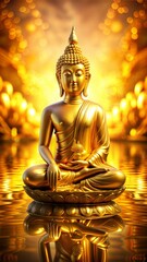 Fototapeta premium Golden statue of Buddha in a peaceful pose, likely found in a Thai temple