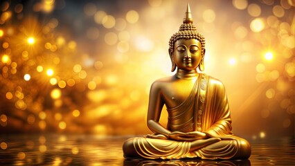 Fototapeta premium Golden statue of Buddha in a peaceful pose, likely found in a Thai temple