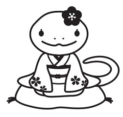 和服を着たかわいいヘビの女の子のイラスト、巳年の年賀状素材（モノクロ線画）