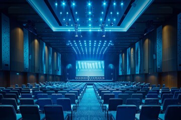 A Blue-Lit Conference Hall Awaits Attendees in the Evening