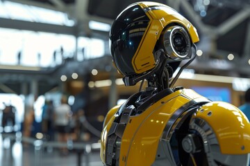 A Futuristic Robot Stands in a Modern, Brightly Lit Space