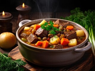 Pot-au-Feu: A traditional French beef and vegetable stew, served in a rustic bowl with carrots, leeks, and potatoes. French cuisine. generative AI
