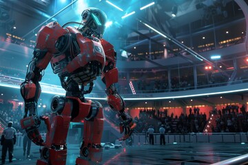 A Colossal Red Robot Stands Amidst a Futuristic Arena