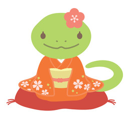 和服を着たかわいいヘビの女の子のイラスト、巳年の年賀状素材