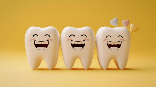 Three Cartoon Teeth Smiling Happily With Floating Hearts On Yellow Background