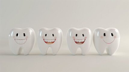 Four Cartoon Teeth Smiling With Blush Cheeks On Light Beige Background
