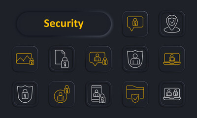 Security set icon. Lock, file, user, shield, location, laptop, folder, padlock. Data protection and privacy concept. Vector line icon on dark background.