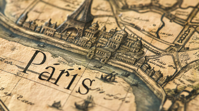 Close-up of Paris labeled on an 18th-century antique map.