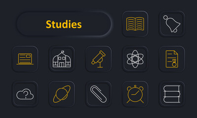 Studies set icon. ID card, school building, telescope, atom, certificate, cloud question mark, planet, paperclip, alarm clock, books. Education, science, research, achievement, time management,
