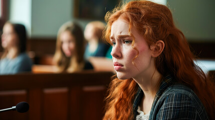 Red-haired woman crying in front of a stern judge.