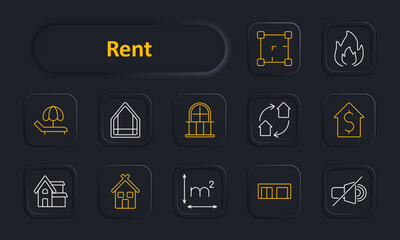 Rent set icon. Map pin, house icon, park bench, garage, sofa, elevator, house star, paint roller, people, information, rent sign. Property rental, housing, furniture, amenities, location concept.