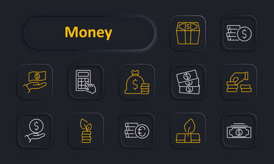 Money set icon. Hand with cash, calculator, money bag, stack of bills, coins, investment, euro, dollar, growth, wallet, donation. Finance, savings, currency, economics, budgeting, wealth concept.