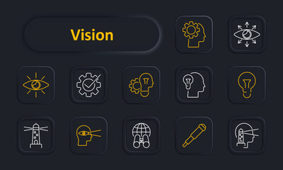 Vision set icon. Eye, gear, brain, lightbulb, lighthouse, binoculars, telescope, innovation, idea, foresight, focus, global vision. Insight, intelligence, perception, creativity, planning concept.