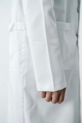 A closeup shot of a lab coat with detailed stitching on a plain white background