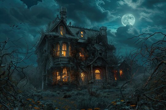 A spooky haunted house with broken windows, overgrown vines, and glowing lights inside, set against a backdrop of a full moon and a cloudy night sky