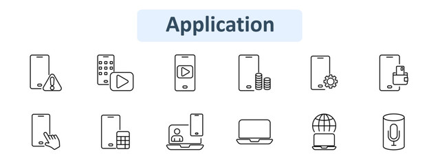 Application set icon. Mobile warning, keypad, play button, coins, settings, wallet, touch, calculator, video call, laptop, globe, microphone. Digital interface and utility concept.