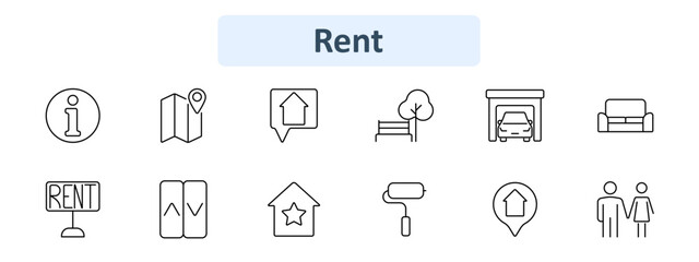 Rental icon set. Information, map, location, property, park, garage, furniture, rent sign, apartment, painting, couple. Real estate, leasing, housing concept.