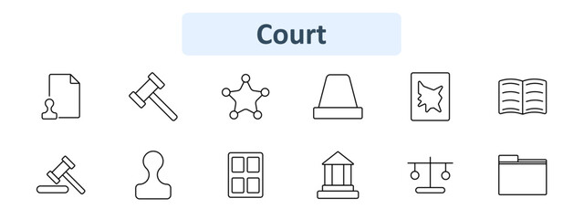 Court set icon. Document with stamp, judge's gavel, sheriff's badge, courthouse, legal document, open book, gavel and block, notary seal, courthouse building, scales of justice