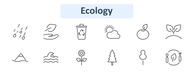Ecology icon set. Rain, plant, recycling bin, sun, apple, seedling, mountain, ocean, flower, tree, environment, eco-friendly food. Nature, sustainability, environmental concept.
