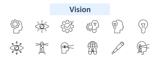 Vision icon set. Gear and head, eye, checkmark, lightbulb, lighthouse, binoculars, telescope, insight. Strategy, innovation, foresight concept.