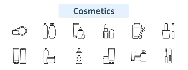 Cosmetics set icon. Compact powder, lotion bottles, shampoo, lip balm, lip gloss, nail polish, cosmetic tube, dropper bottle, makeup brushes, spray bottle. Beauty, skincare, personal care products